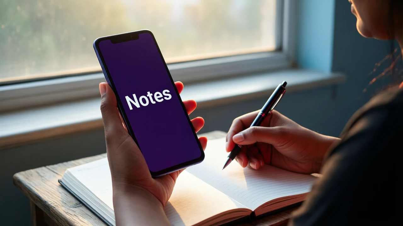 An Indian woman seen from the side at a small desk by a window in the afternoon, holding one Android phone upright in her own left hand while her right hand holds a pen over an open paper notebook, two hands in total, the phone screen plain dark violet with the single large word "Notes" in white, only one person and one phone