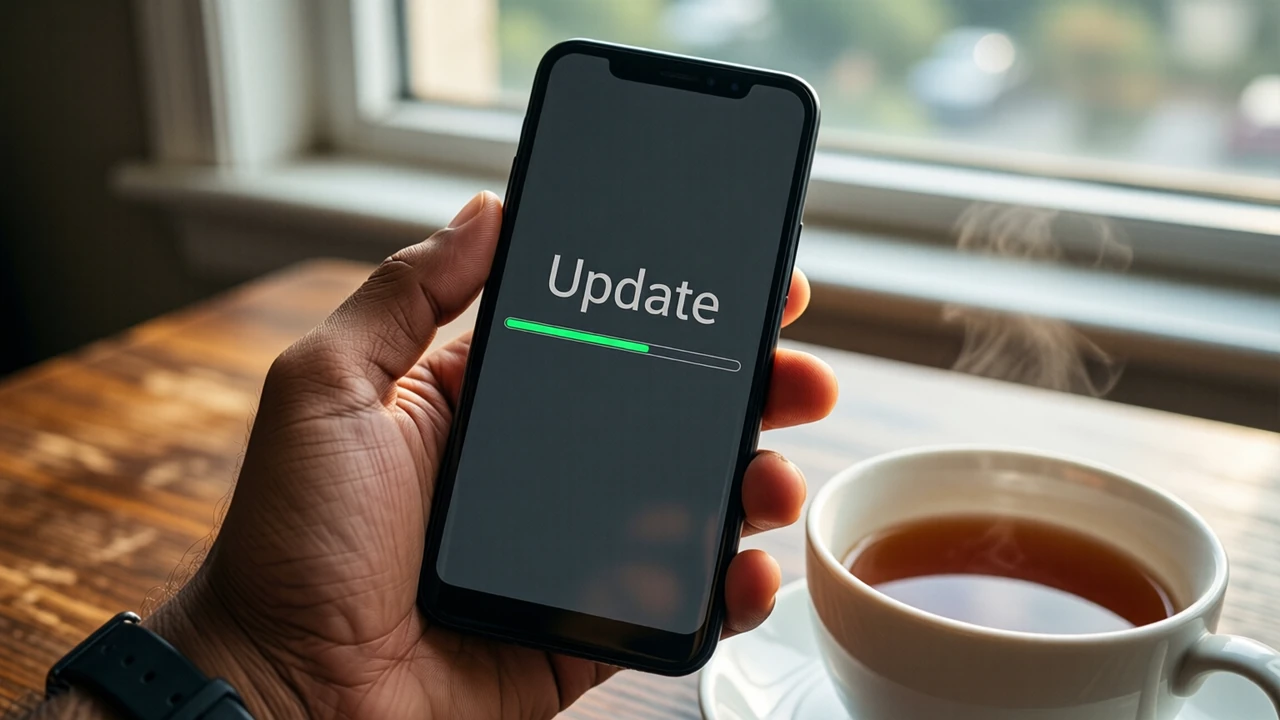 Close view of an Indian man's own left hand holding an Android phone at a desk by a window in daylight, the screen plain dark grey edge to edge with one thin green progress bar filled three quarters across and above it the single large word "Update", a cup of tea out of focus beside the phone