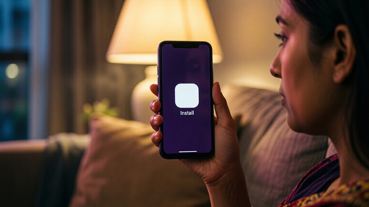 Three-quarter view of an Indian woman on a sofa in the evening holding one Android phone at chest height in her own right hand, the screen plain dark violet edge to edge with one large white rounded square in the middle and under it the single word "Install", warm lamp light behind her