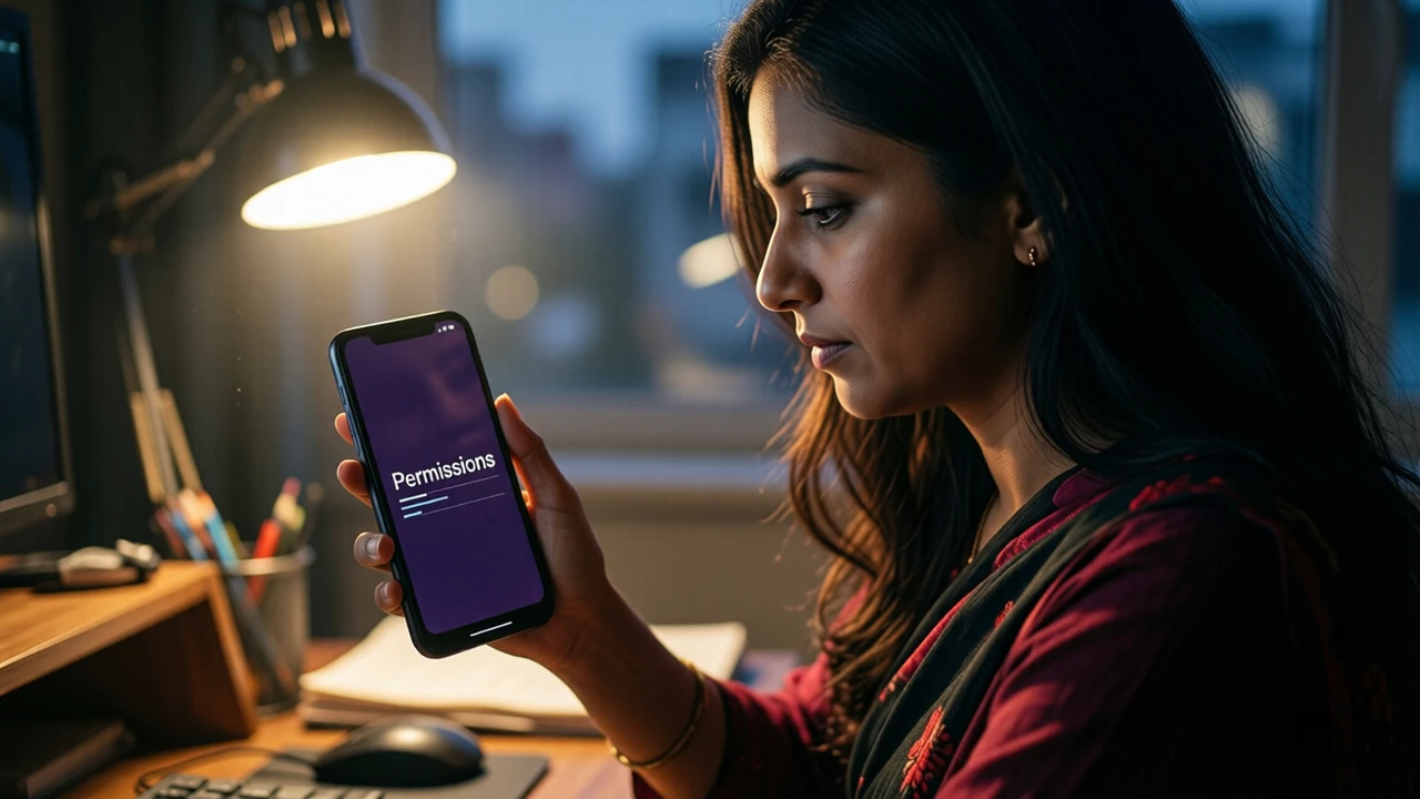 Three-quarter view of an Indian woman in her thirties at a desk in the evening, looking down at an Android phone held at chest height in her own right hand, its screen plain dark violet with the single large word "Permissions" in white and three short white lines beneath it, a desk lamp glowing beside her