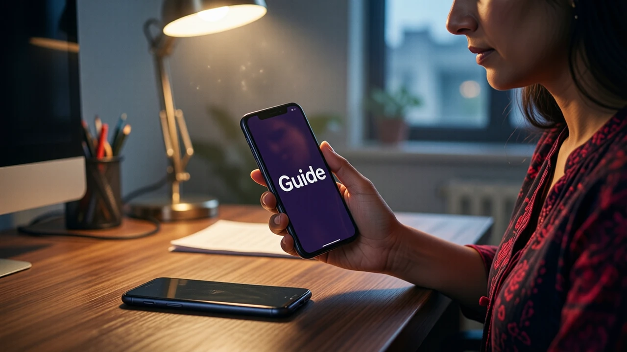 Three-quarter view of an Indian woman in her thirties at a desk in the evening, one Android phone lying flat on the desk in front of her and an iPhone held upright in her own right hand, the iPhone screen plain dark violet with the single large word "Guide" in white, a desk lamp glowing