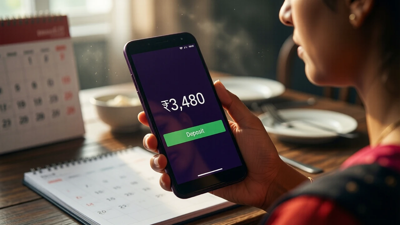 Three-quarter view of an Indian woman at a dining table in the morning holding an Android phone in her own right hand, the screen plain dark violet edge to edge showing only the large amount "₹3,480" in white in the centre and under it one wide green bar reading "Deposit", a paper calendar out of focus on the table