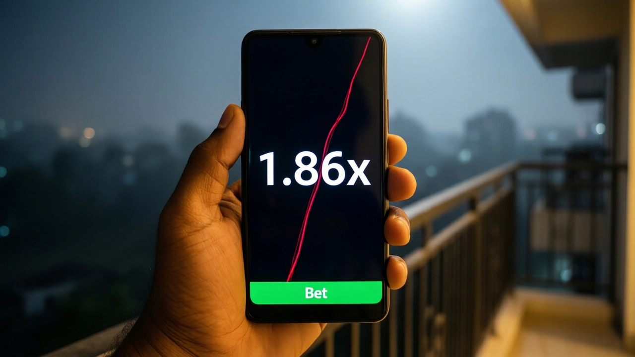Close view of an Indian man's own right hand holding an Android phone upright at night on a balcony, the screen deep black with a thin red line climbing from the lower left toward the upper right and the large white figure "1.86x" in the centre, one wide green bar along the bottom reading "Bet"