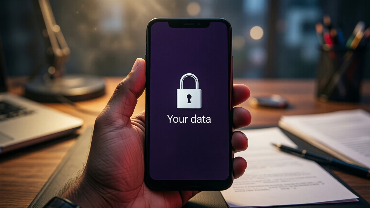 Close view of an Indian man's hand holding an Android phone upright at a desk in the evening, the screen plain dark violet edge to edge showing a closed white padlock in the centre and under it the words "Your data" in white