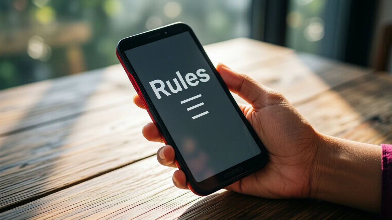 Close view of an Indian woman's hand holding an Android phone over a wooden table in daylight, the screen plain dark grey edge to edge with the large word "Rules" at the top in white and three short white lines beneath it